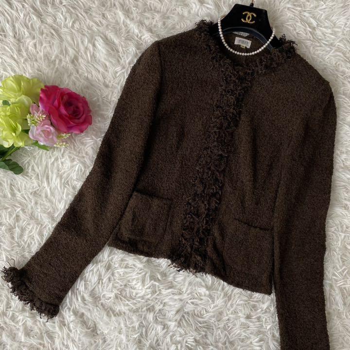 超特価得価 最高級♡FOXEY ニットジャケット ノーカラー フリンジ ブラウン 黒 38 rqy6C-m31548133925 人気絶頂