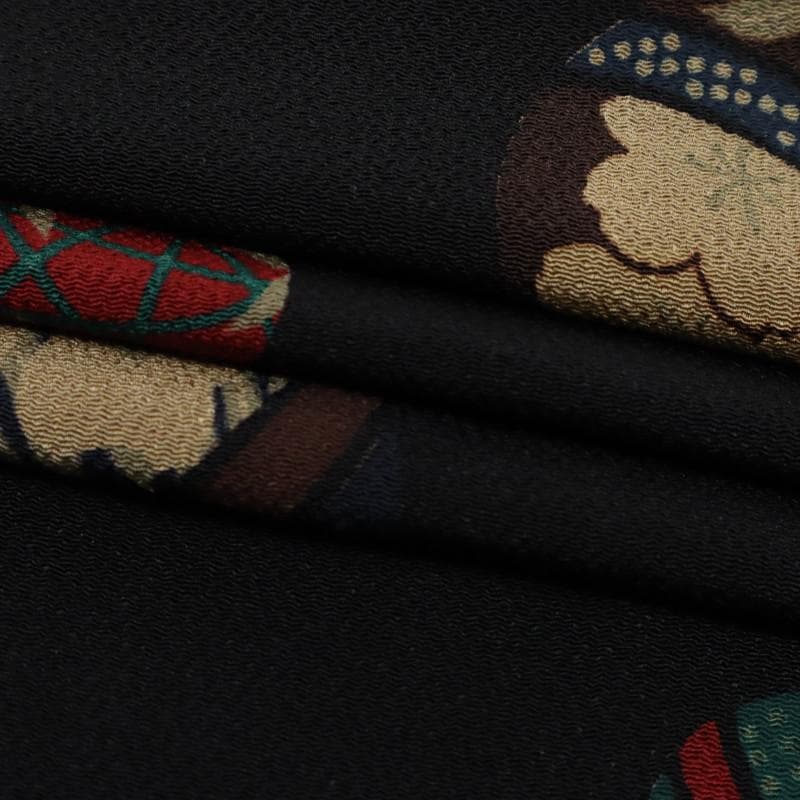 《特選『羽織』手毬に四季の植物■黒◆ちりめん地■防寒◆正絹着物上◆CB10-1》 《特選『羽織』手毬に四季の植物■黒◆ちりめん地■防寒◆正絹着物上◆CB10-1》