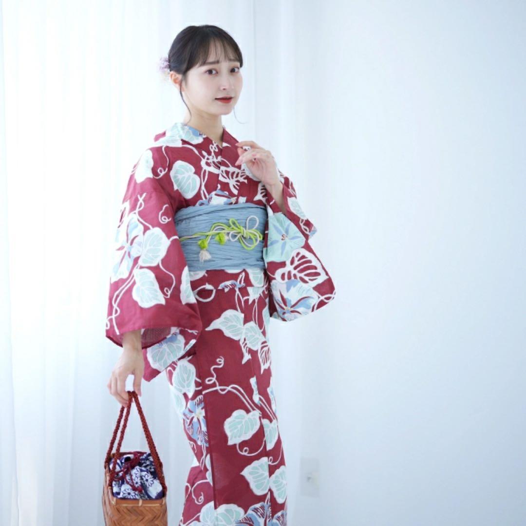 ☆2.新品 フリーサイズ 浴衣3点セット ニコアンティーク 朝顔柄 - 通販