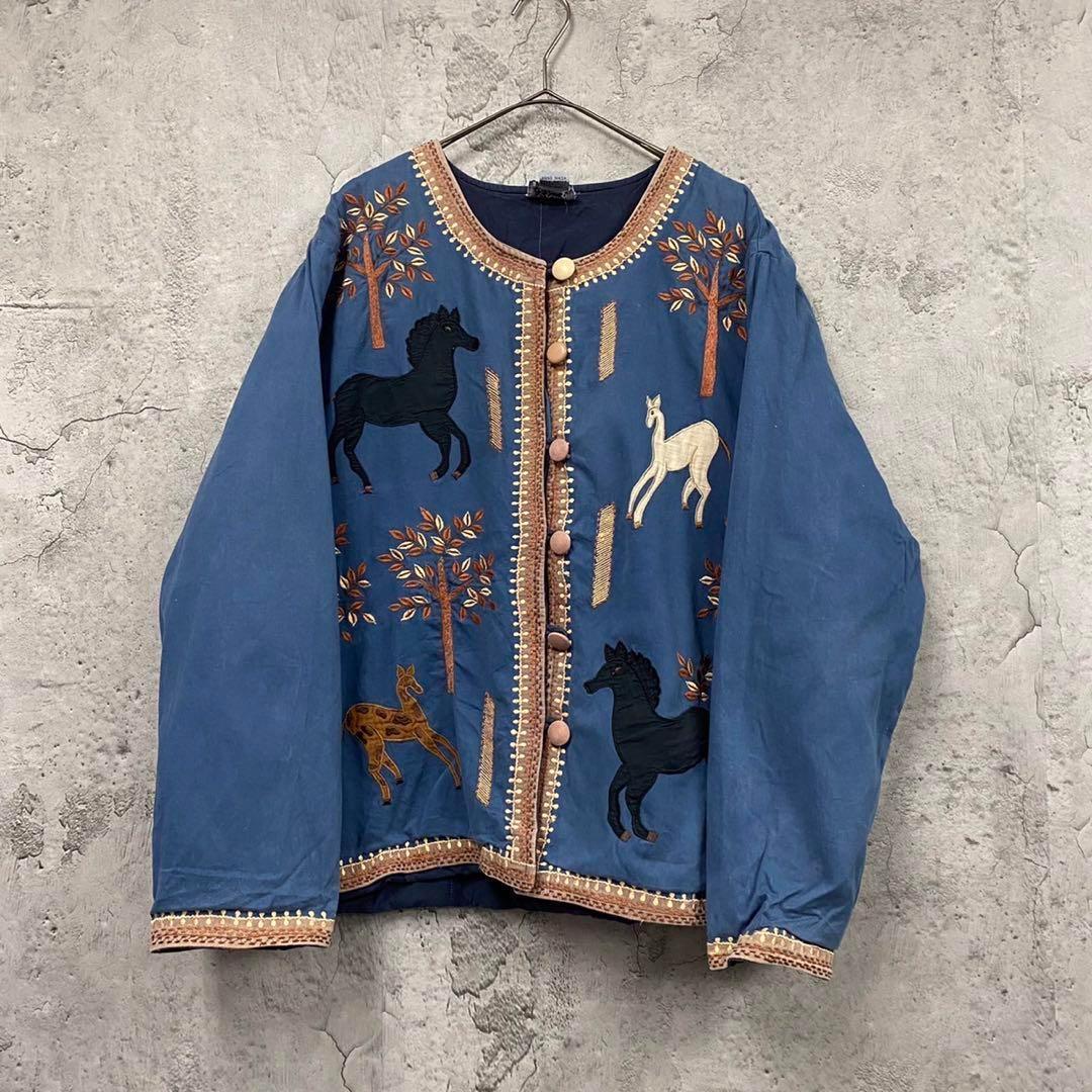 【値下げ】 ☆US古着☆vintage【民族 総柄 ノーカラージャケット 刺繍 ジャケット・アウター