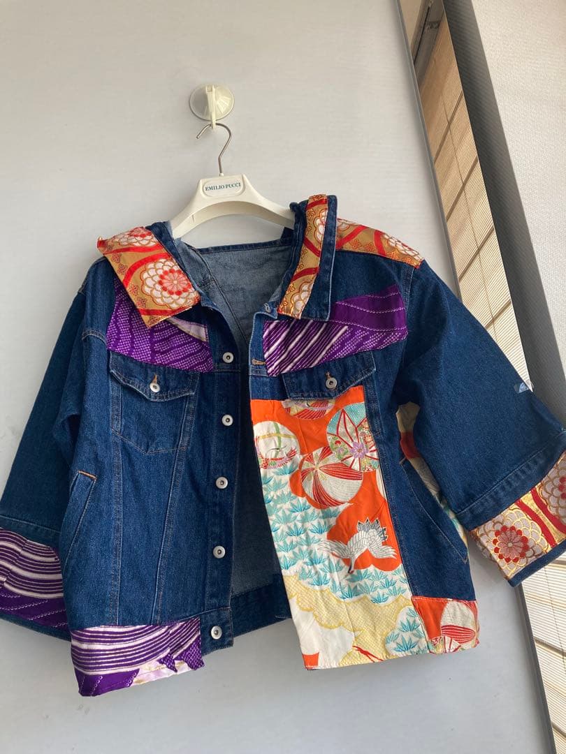 フォロー割15800円 特注オーダー着物デニムパッチワークＧジャンゆったり