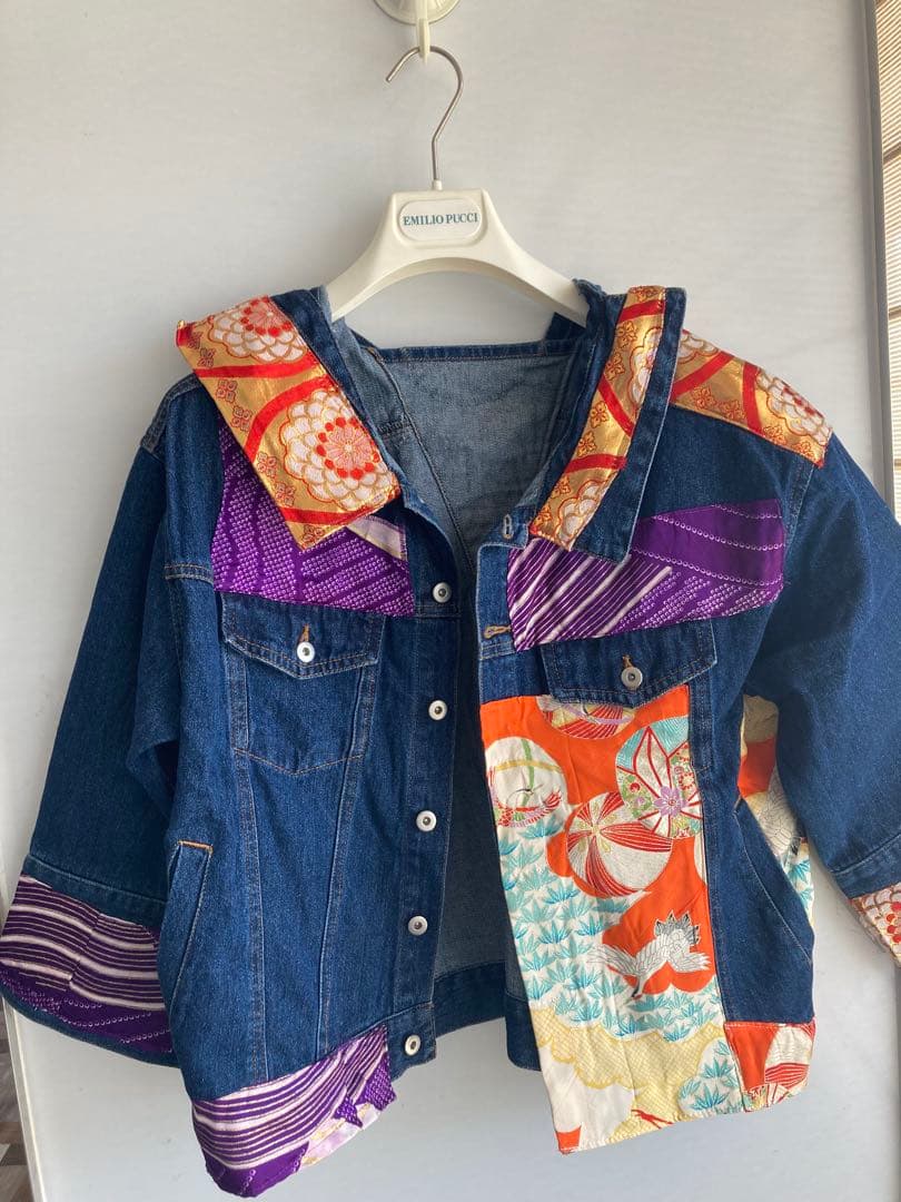 フォロー割15800円 特注オーダー着物デニムパッチワークＧジャンゆったり