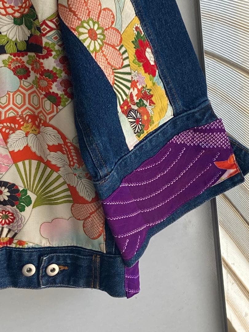 フォロー割15800円 特注オーダー着物デニムパッチワークＧジャンゆったり