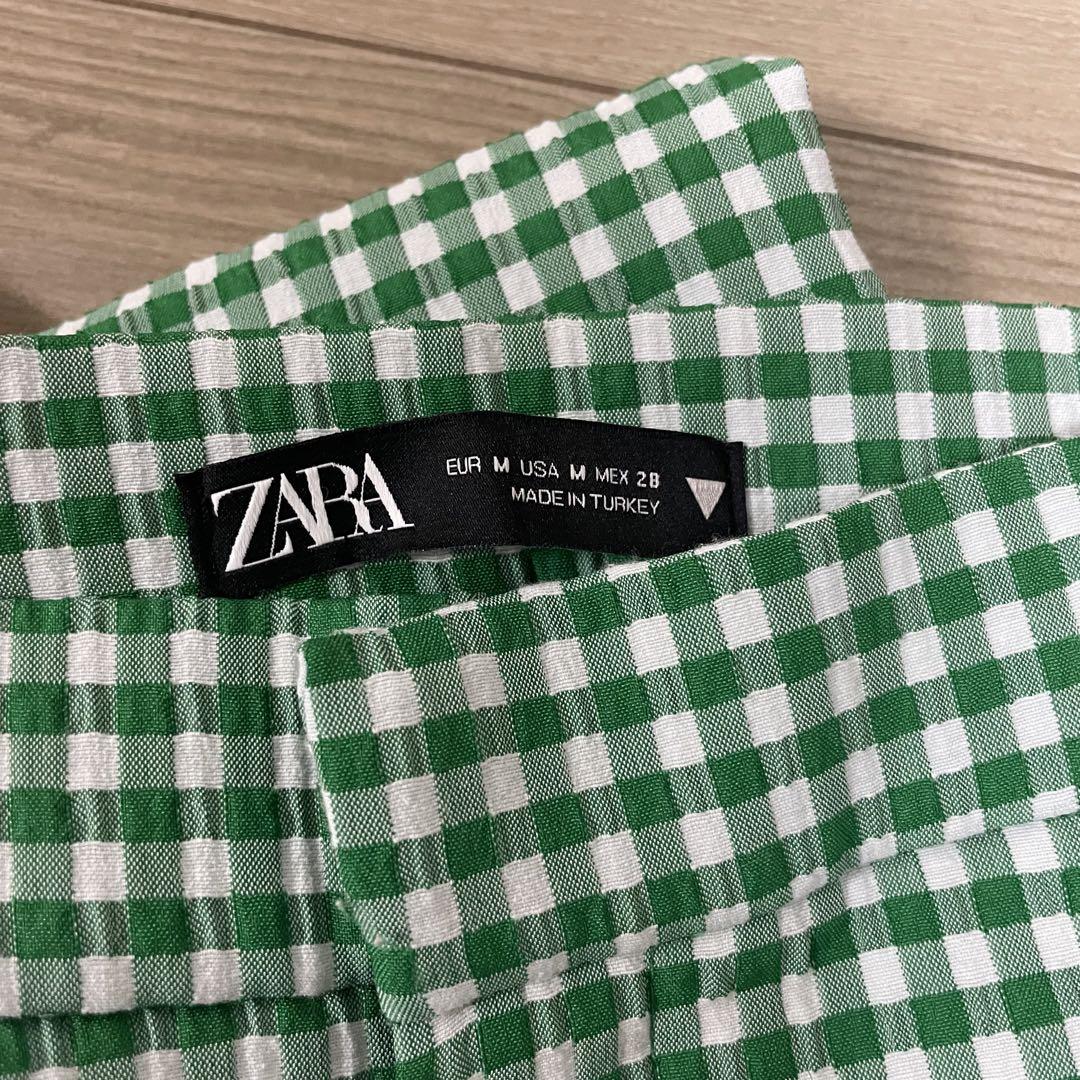 ZARA ギンガムチェックパンツ グリーン - メルカリ