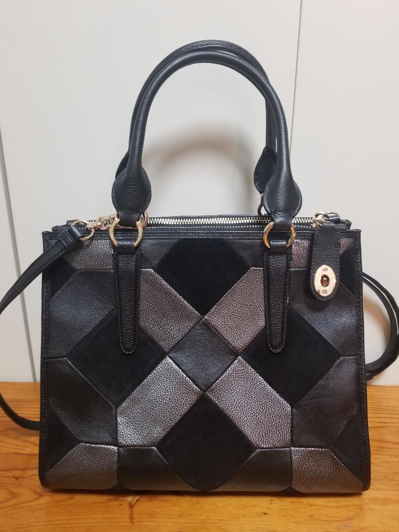 メントくだ 極美品 黒 シルバー グレー 6RWAJ-m31597469826 COACH パッチワークハンドバッグ ストラップ付 ⊗レザーとス
