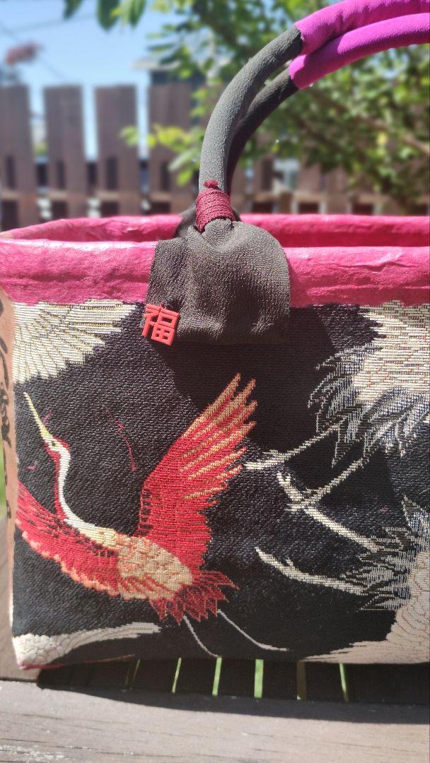 一閑張りバッグ　鶴　黒　ピンク　柿渋　ハンドメイド　トートバッグ