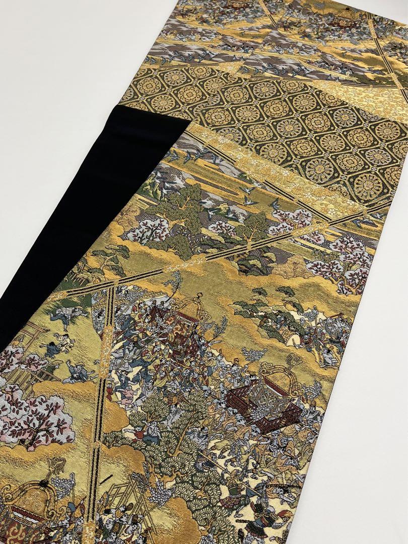 紹巴 西陣織 日吉山祭礼 袋帯 岡文織物 本金引箔 絵巻 正絹 六通 Q354 画像8