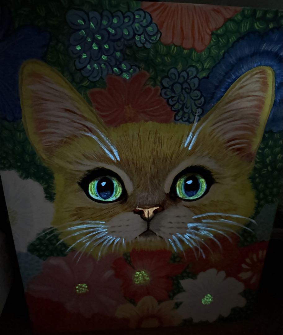 「幸運の猫」蛍光猫のアクリル画 絵画 原画