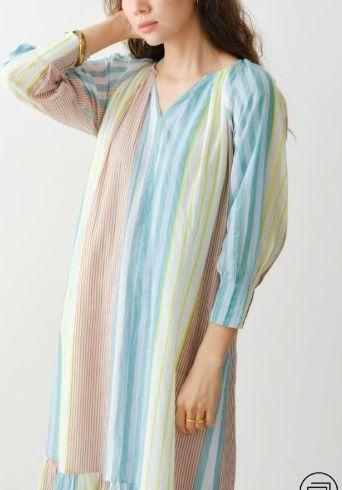 ワンピース Cotton Voile Stripe Gather Neck Dress