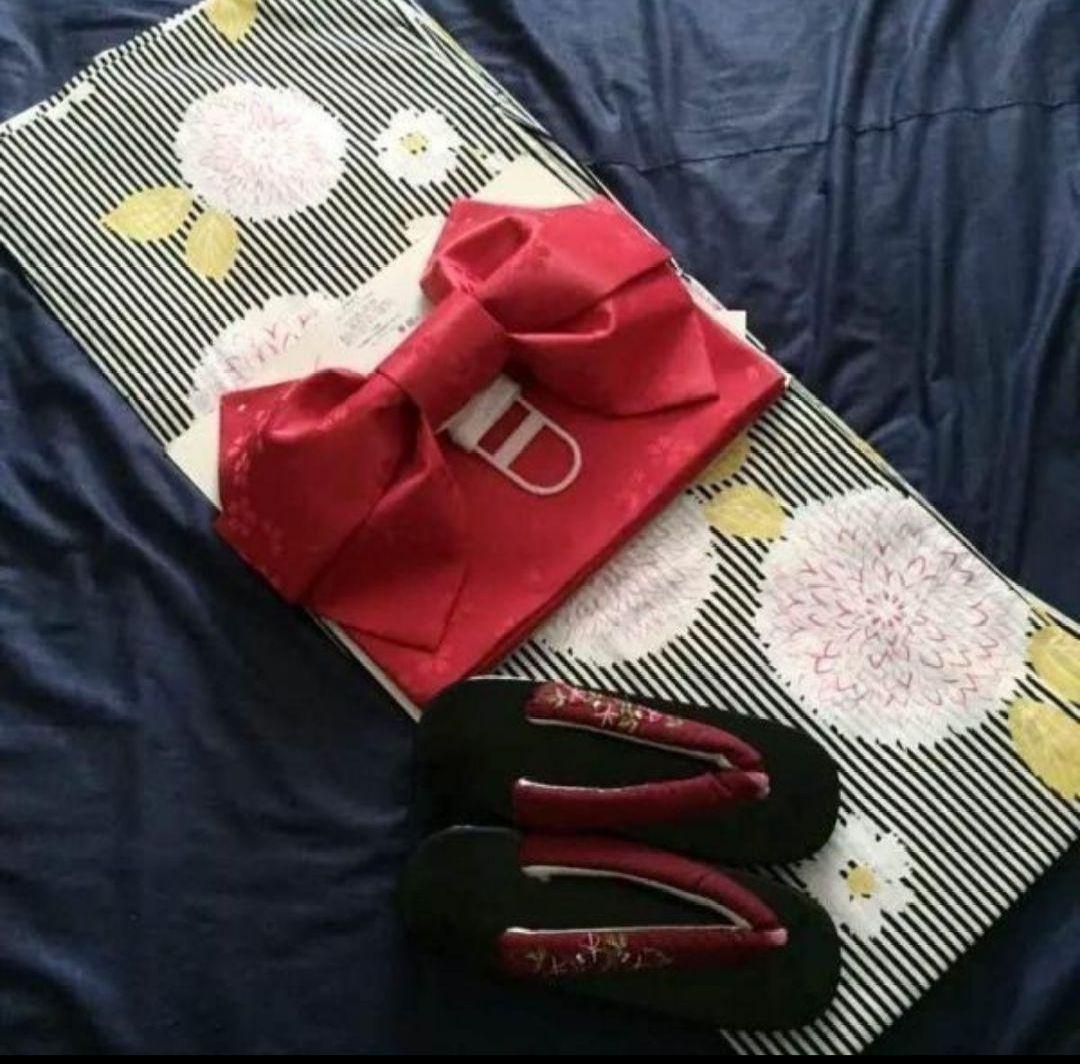 お任せ赤半幅帯つき◆上質ゆらぎ縞 菊花 品ある浴衣◆呉服店購入
