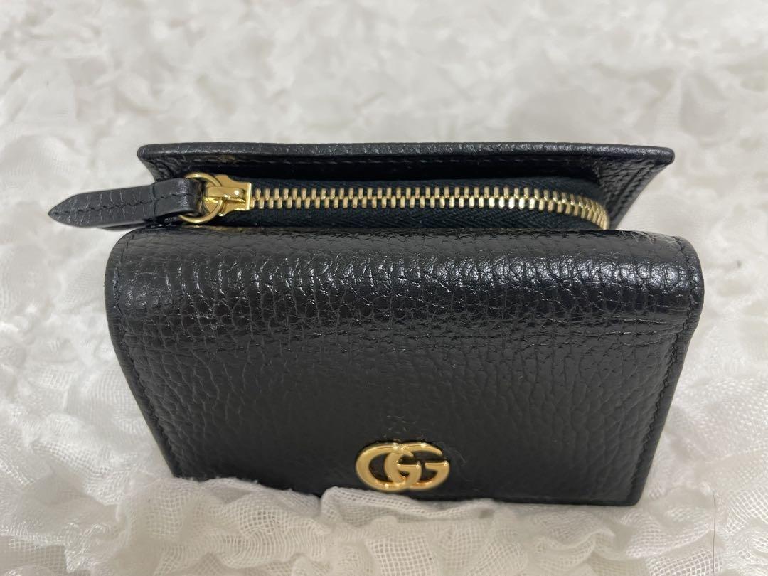 【美品】GUCCI 三つ折り財布 ミニウォレット GG マーモント レザー 黒