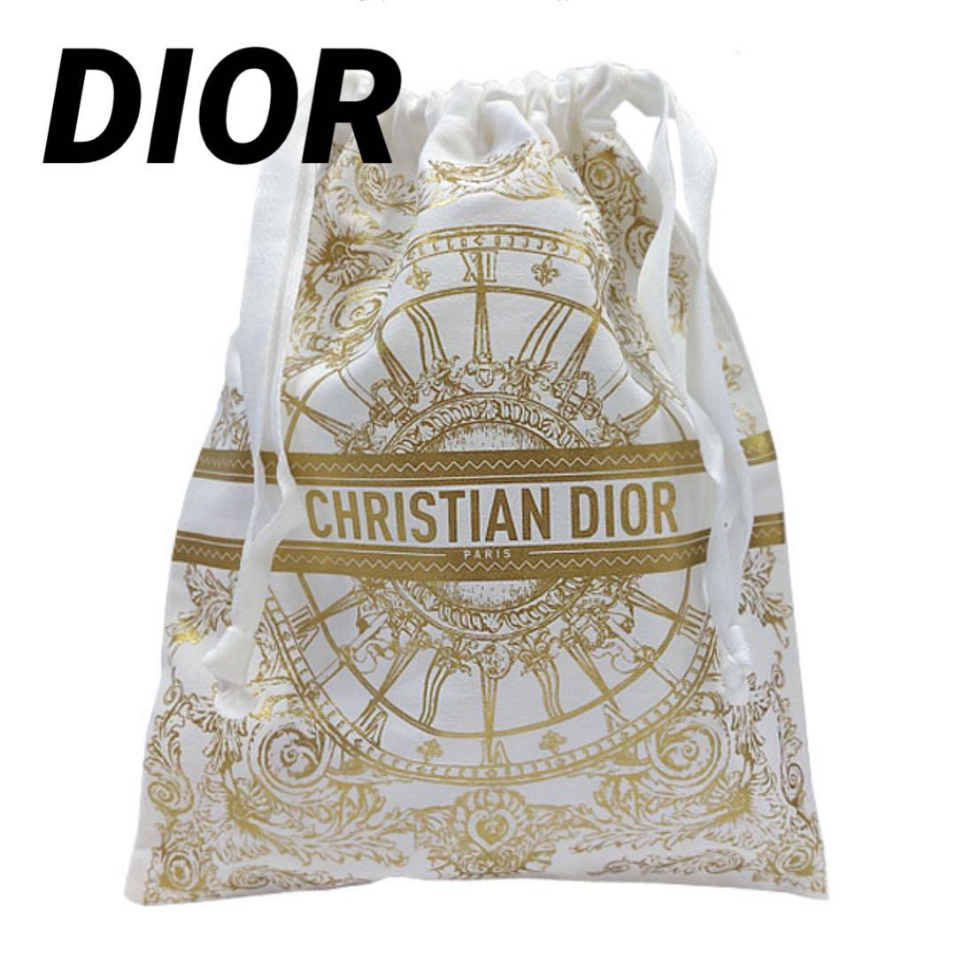 DIOR／ゴールドプリントホワイトストリング巾着ポーチ