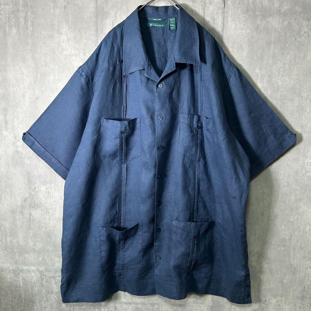リネン100％ キューバシャツ ダークブルー オープンカラー 2XL