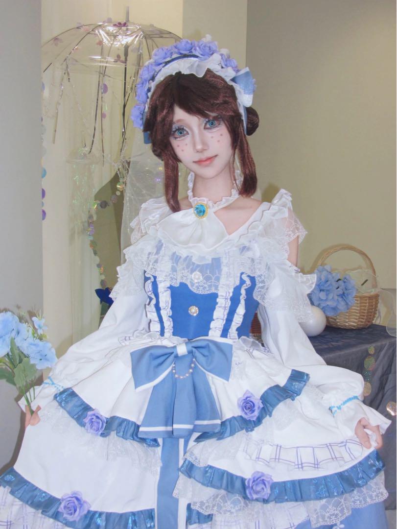 コスプレ　フリル　ロリータドレス 青と白のストライプ　かわいい 第五人格ゴスロリ・ロリータドレス 青と白のストライプ