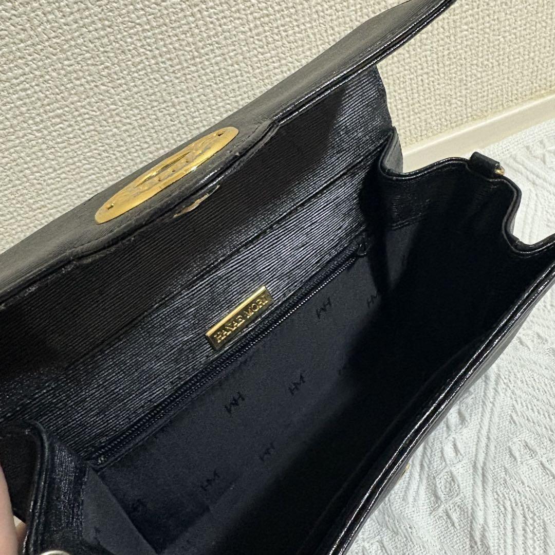超レア品❣️森英恵❣️レザーハンドバッグ❣️手書き絵❣️ HANAE MORI 黒 エピレザー ハンドバッグ サークルロゴ 森英恵