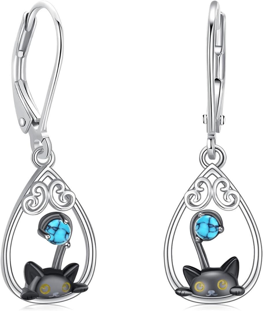 ピアス ターコイズ シルバー925 金属アレルギー対応 フックピアス 黒猫 画像1