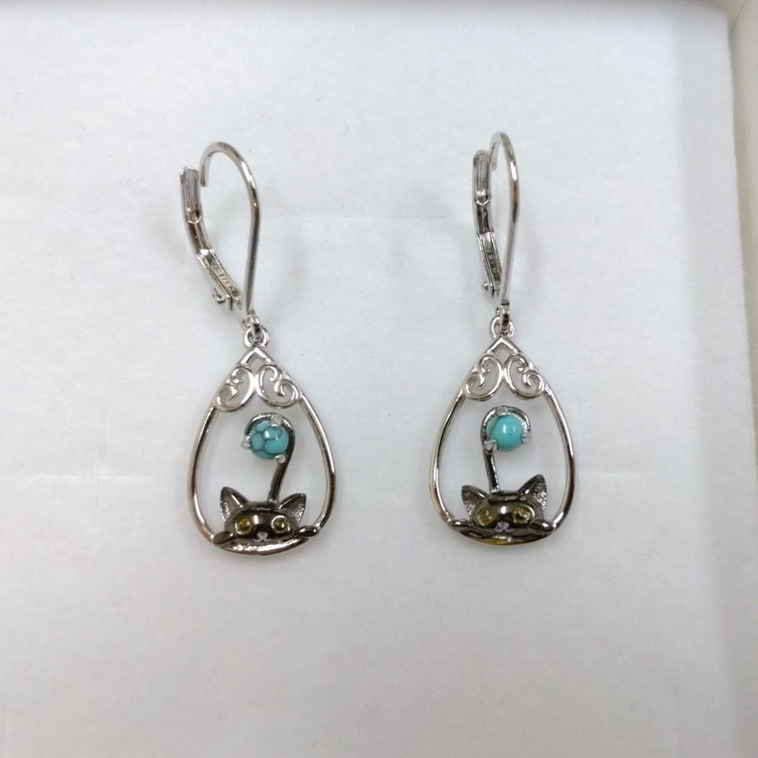 ピアス ターコイズ シルバー925 金属アレルギー対応 フックピアス 黒猫 画像8