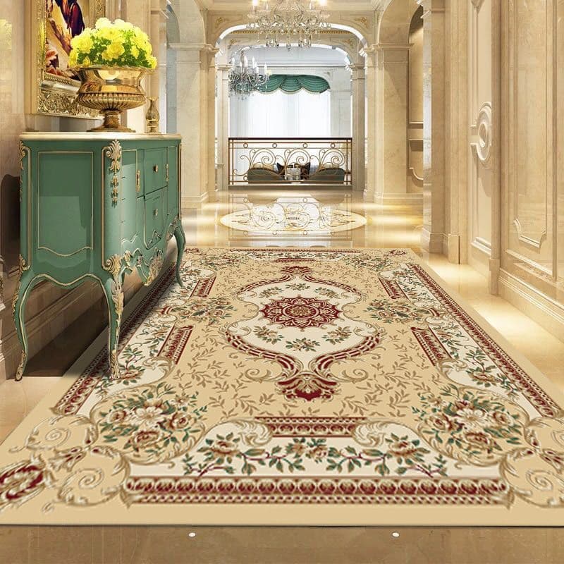 ヨーロッパ式絨毯の客間に茶敷を敷いて、寝室のベッドのそばの絨毯を敷きます