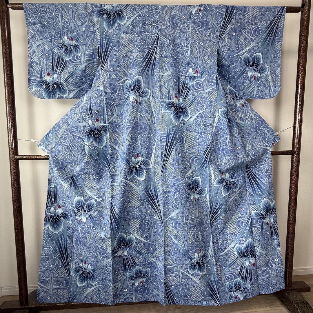 超美品　コーマ地　本染浴衣　浴衣 着物　夏物　160cm 　青　菖蒲　トール