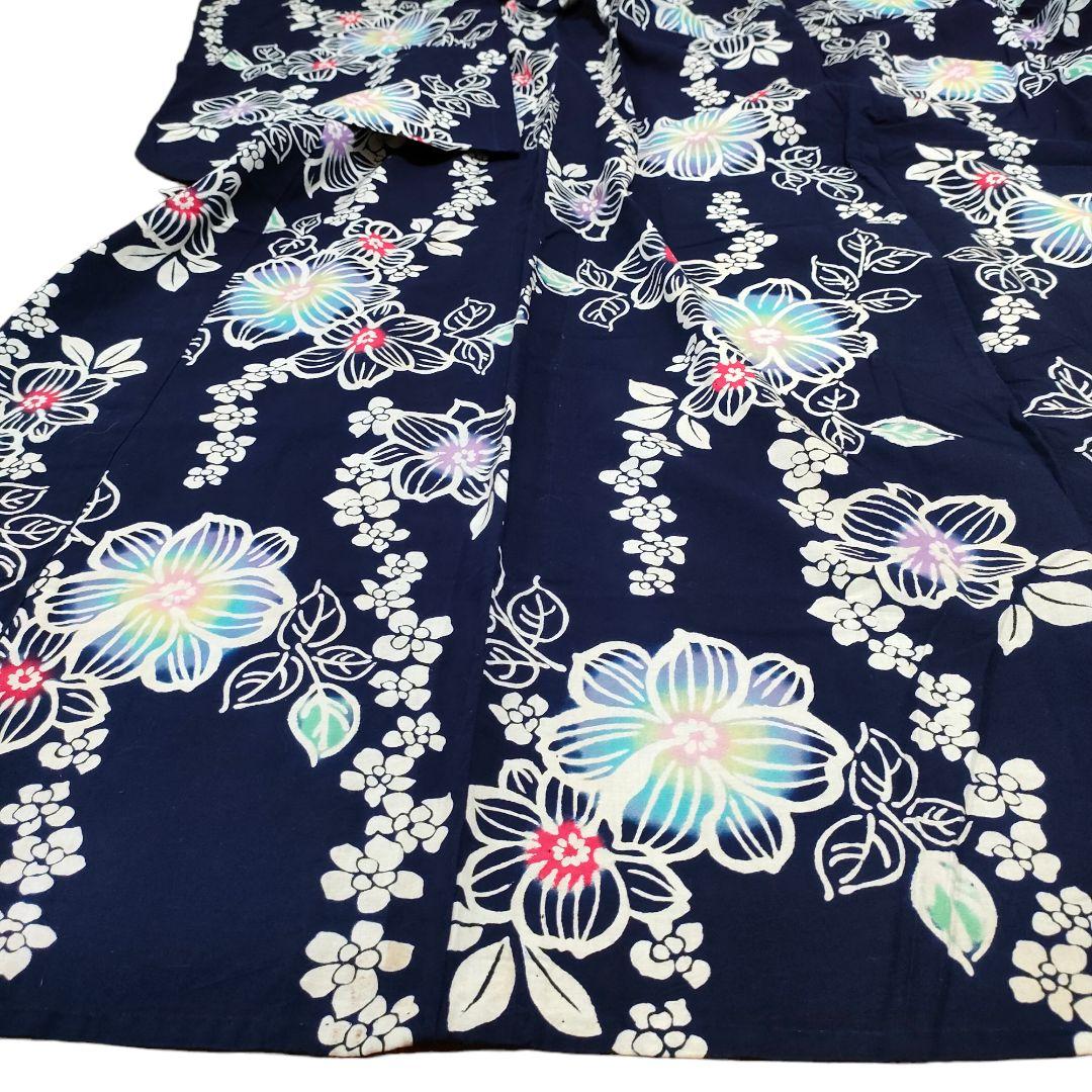 浴衣創造花柄フラワー花立涌子供サイズ綿コーマ注染紺ネイビー
