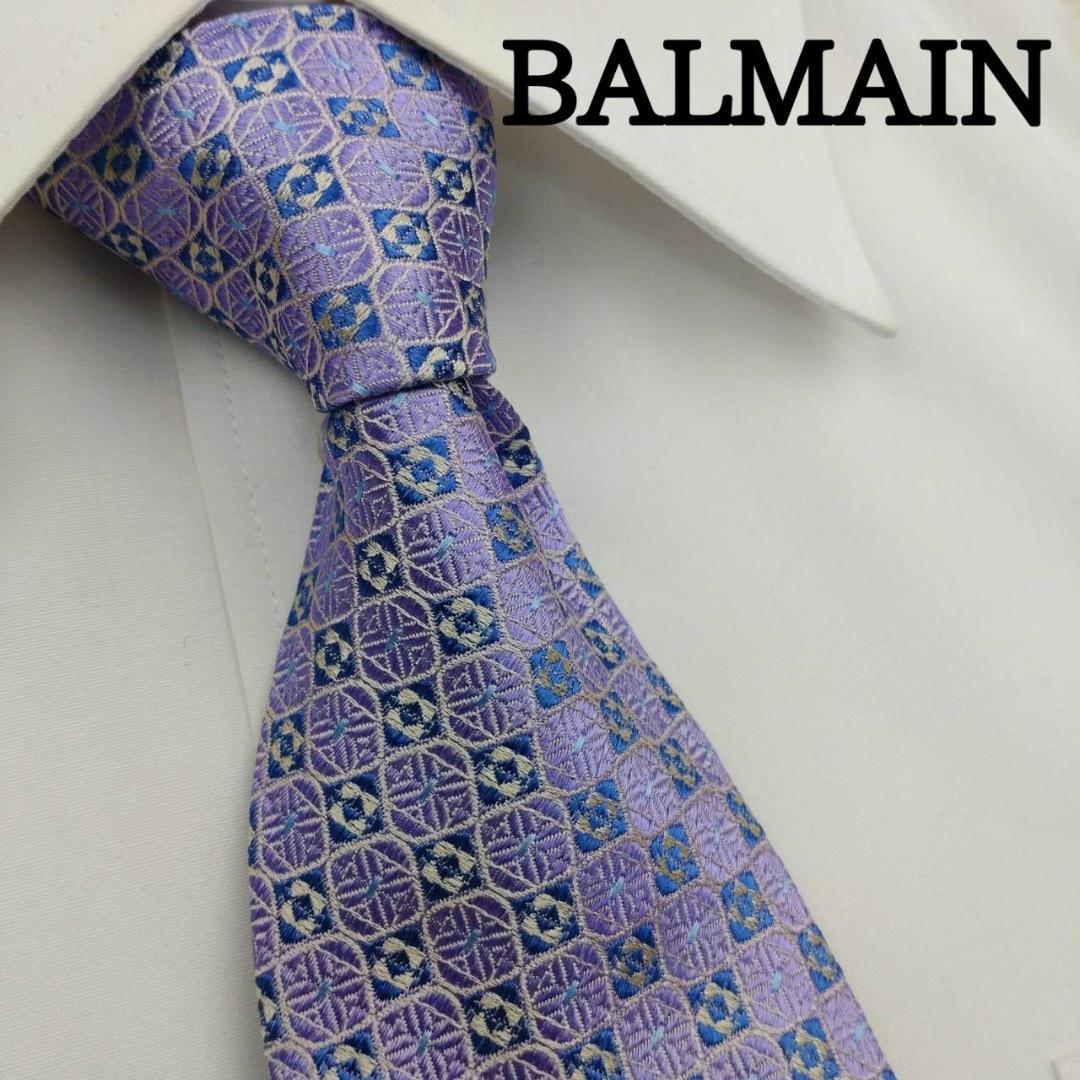 バルマン シルクネクタイ 総柄 パープルBALMAIN
