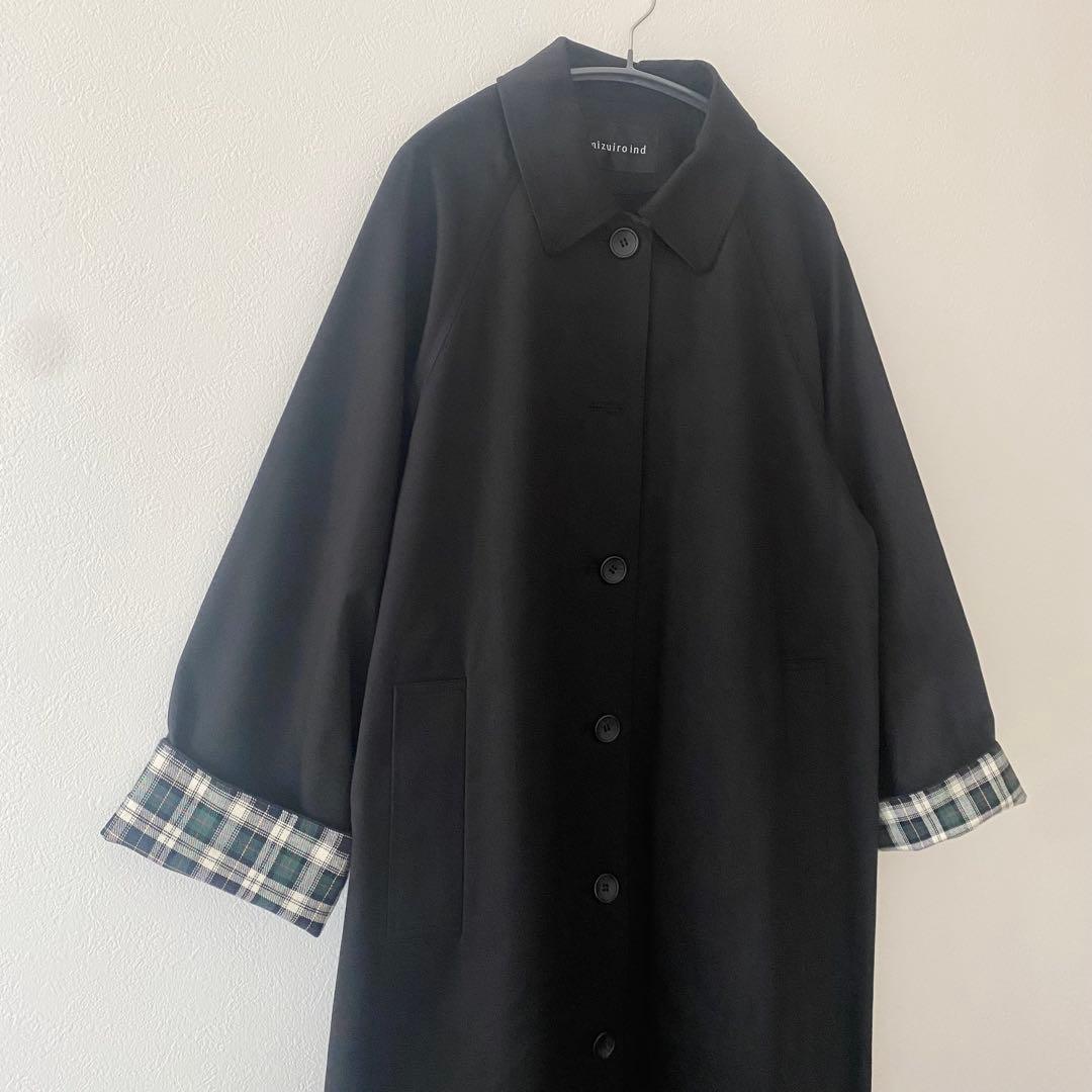 定価3.1万 ミズイロインド☾·̩͙ステンカラーコート 配色チェック 日本製ブラック 定価3.1万 ミズイロインド☾·̩͙ステンカラーコート 配色チェック 日本製ブラック