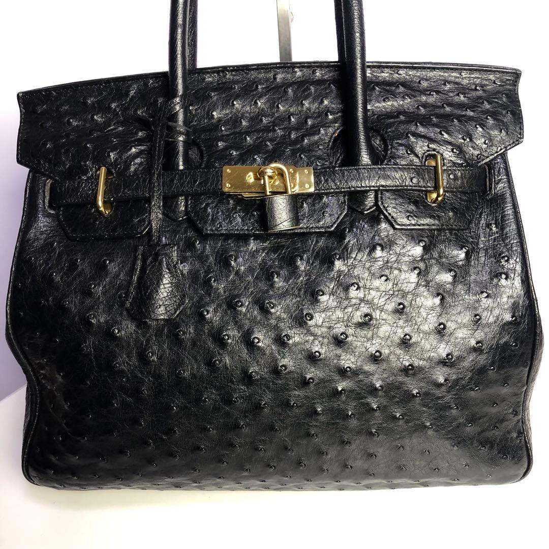 今季ブランド 美品✨オーストリッチ ハンドバッグ 黒 ターンロック ゴールド バッグ