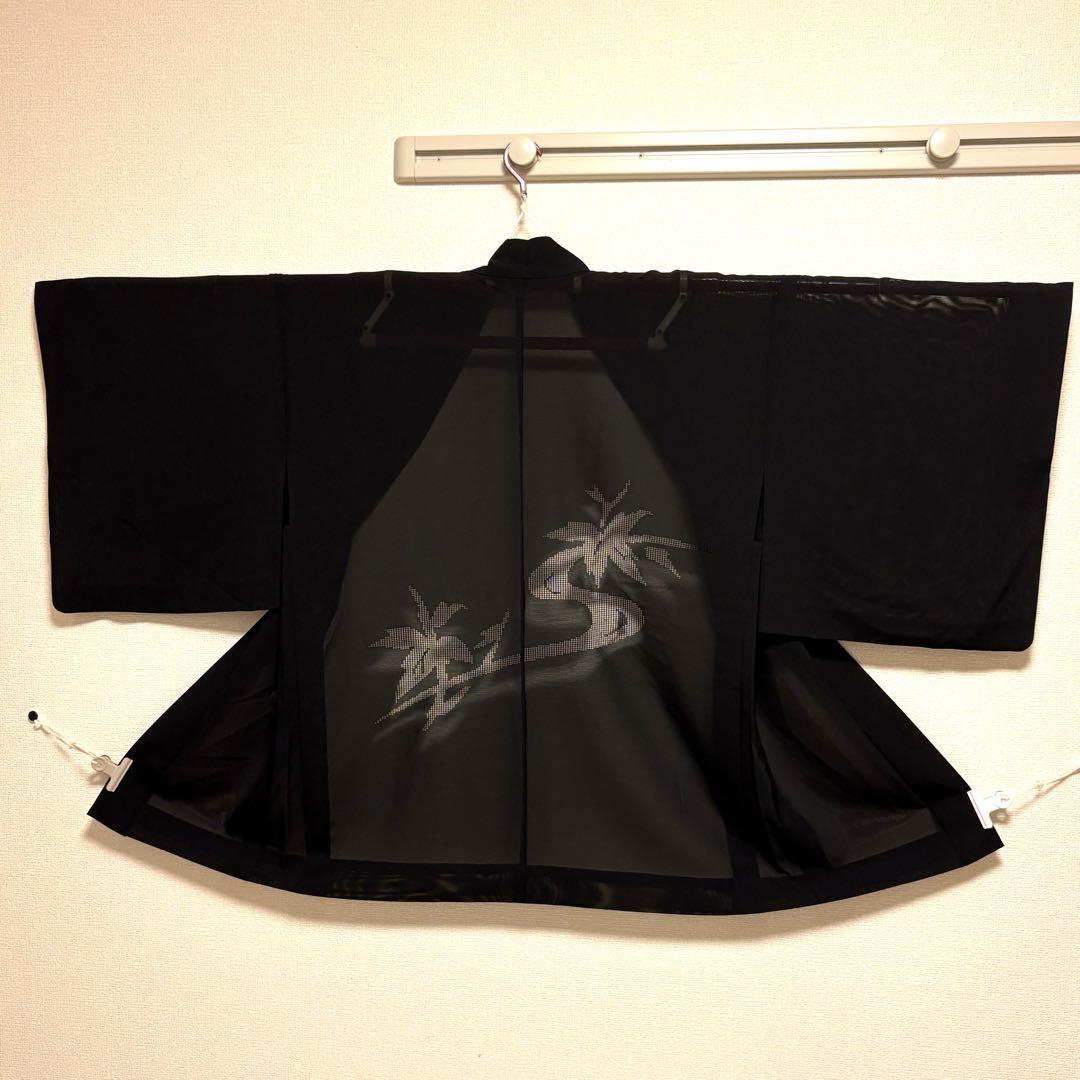 美品】夏羽織 絽 単衣 絵羽透かし柄 薄羽織 黒 羽織紐付き