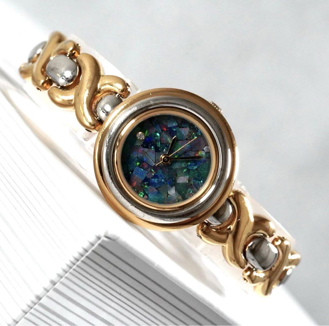 OPAL モザイクオパール 文字盤 レディース クオーツ 腕時計 コンビ