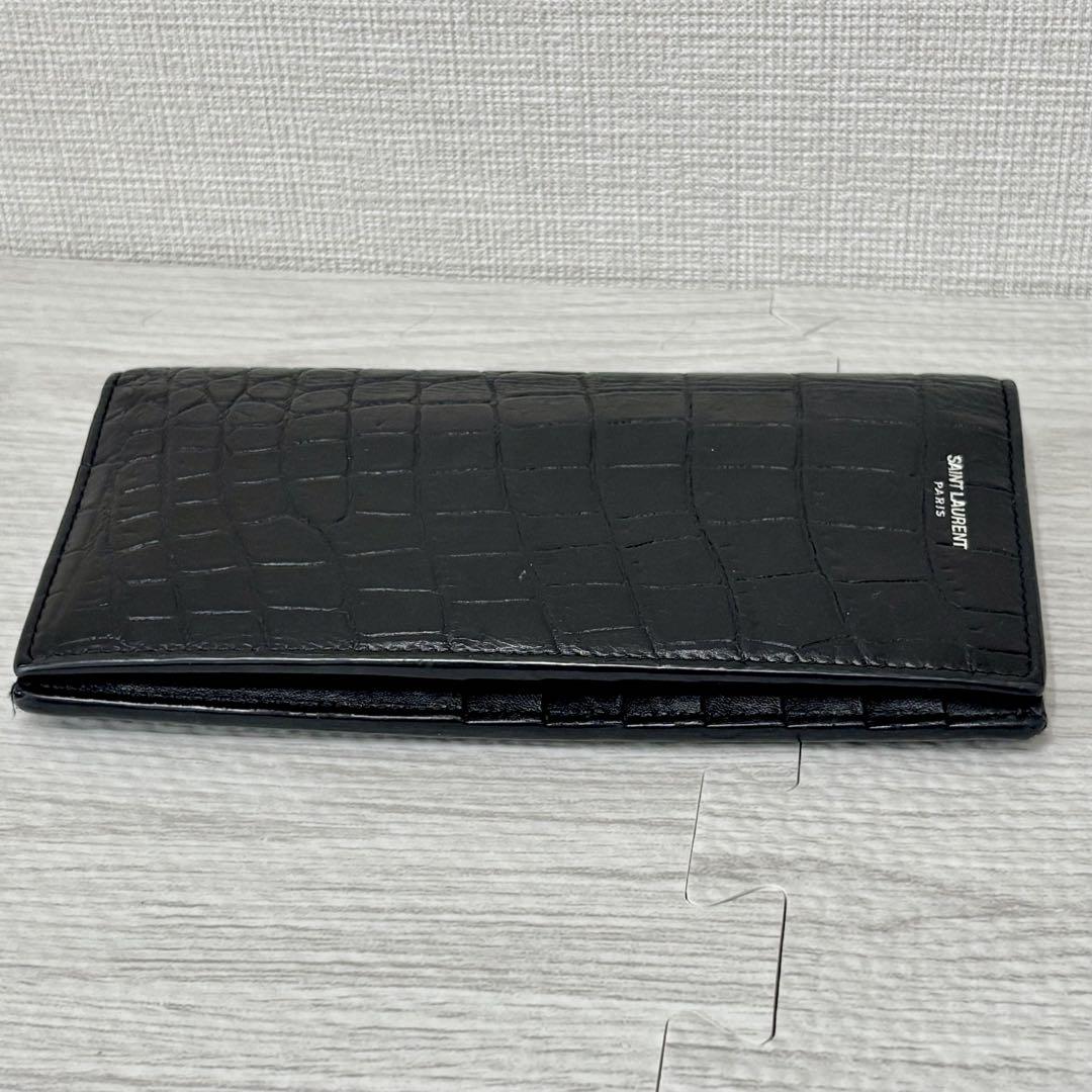 美品SAINT LAURENT サンローラン 二つ折り長財クロコダイルレザー 黒