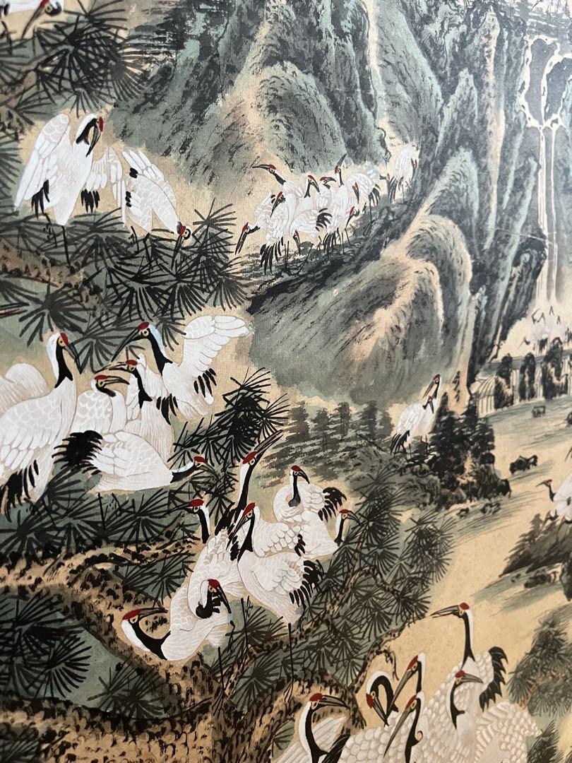 百鶴松泉図 掛軸 手描き 山水画 中国画 伝統絵画 - メルカリ