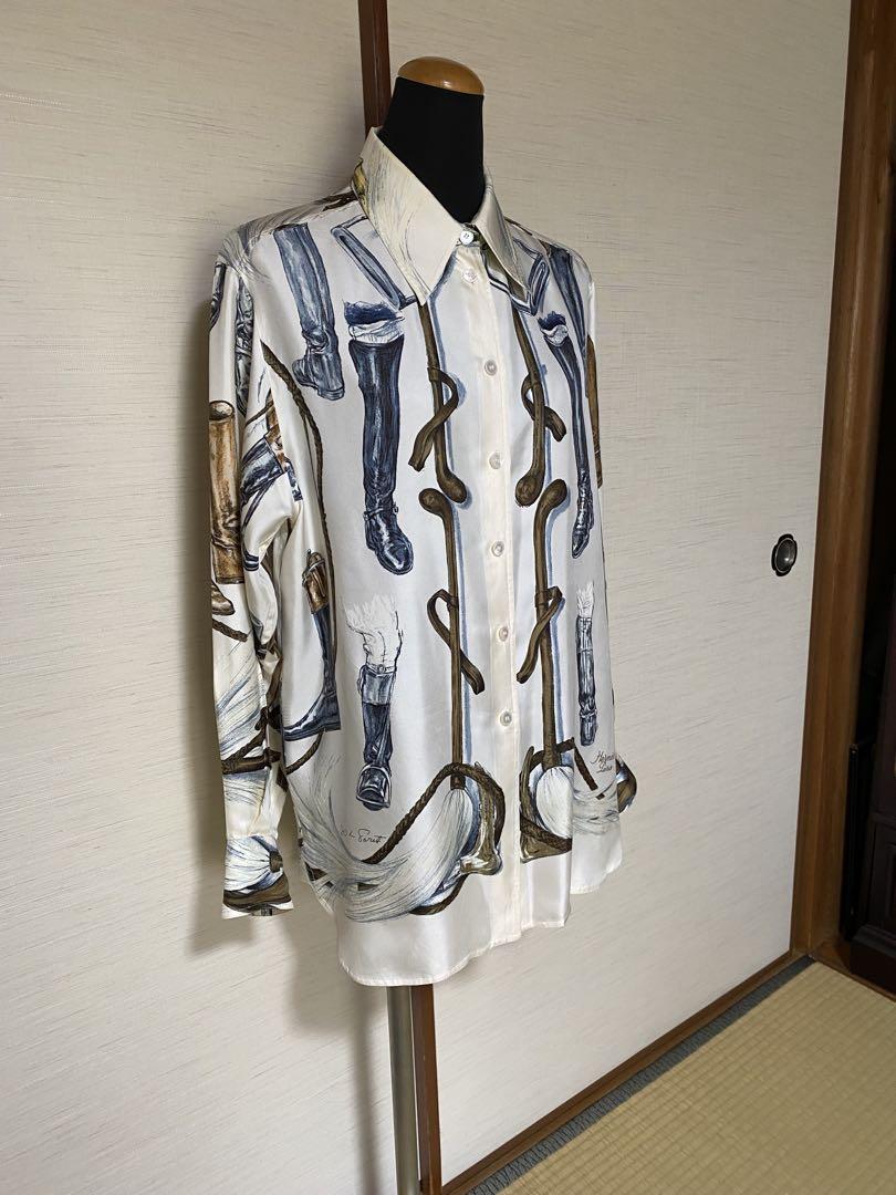 エルメス スカーフブーツ柄 シルクブラウス ピンク 38サイズ