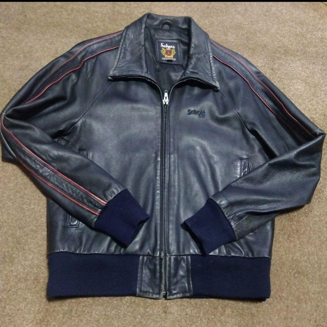 Schott ブラックレザーシングルライダースジャケット (トラックジャケット)