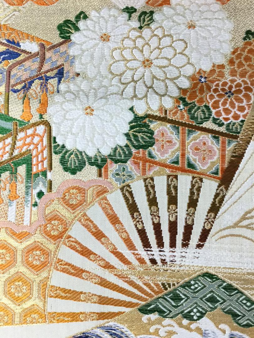 品質保証定番 SG74 刺繍 松竹梅文 花菱亀甲 御所車 CrU73-m31843173021 錦織 名古屋帯 正絹 金糸 お得国産