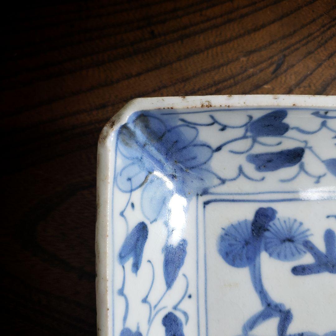 古伊万里　染付松竹梅図長皿　牡丹唐草　花唐草　鮎皿　江戸後期　厚手　訳あり