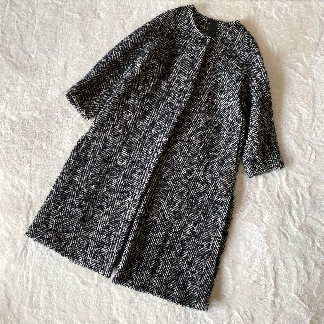 NOBLE ツイード　ヘリンボーン　ノーカラーコート　ロング　ウール