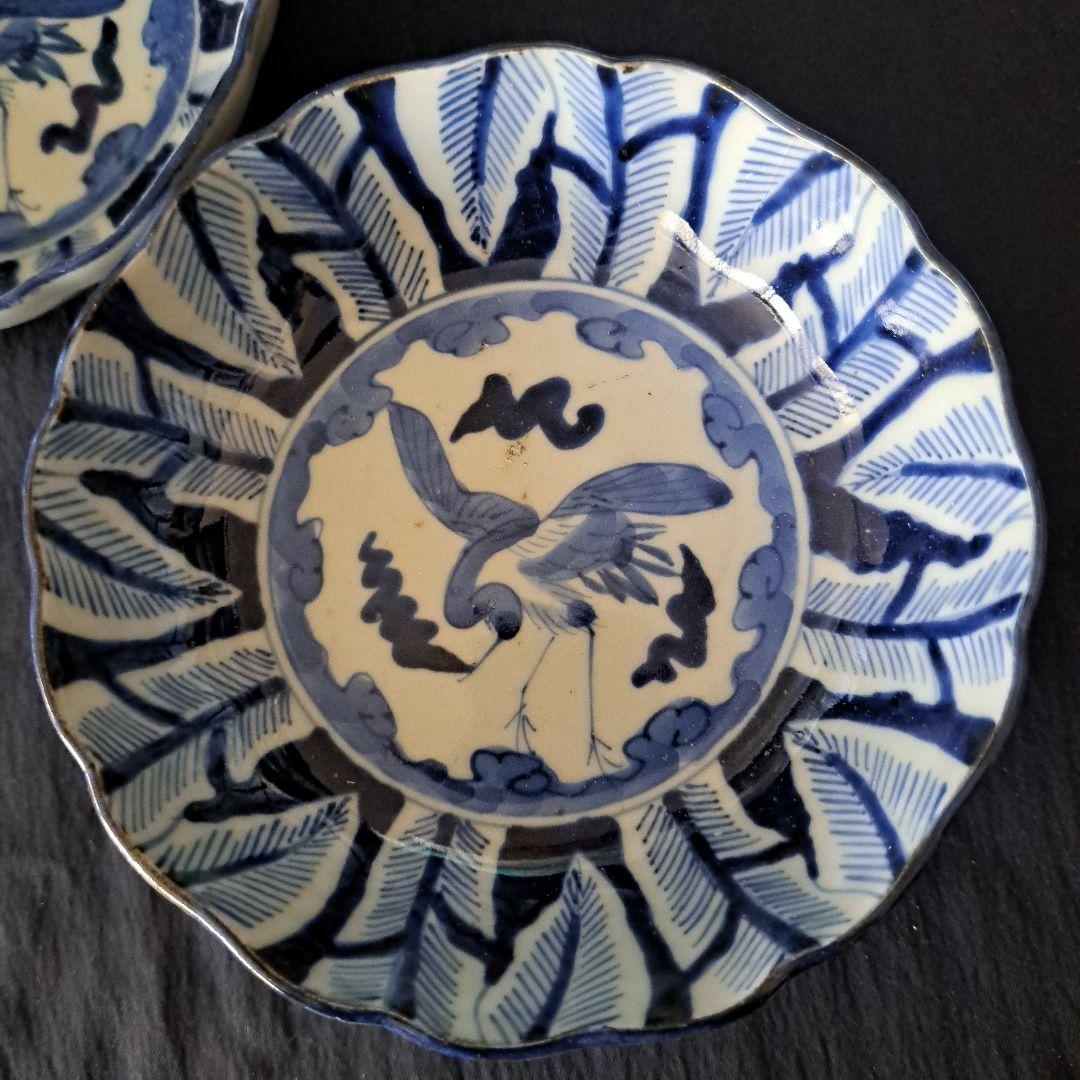 「特価！モダン デザイン 鶴とシダ！」古伊万里 染付皿2客セット 骨董アンティー