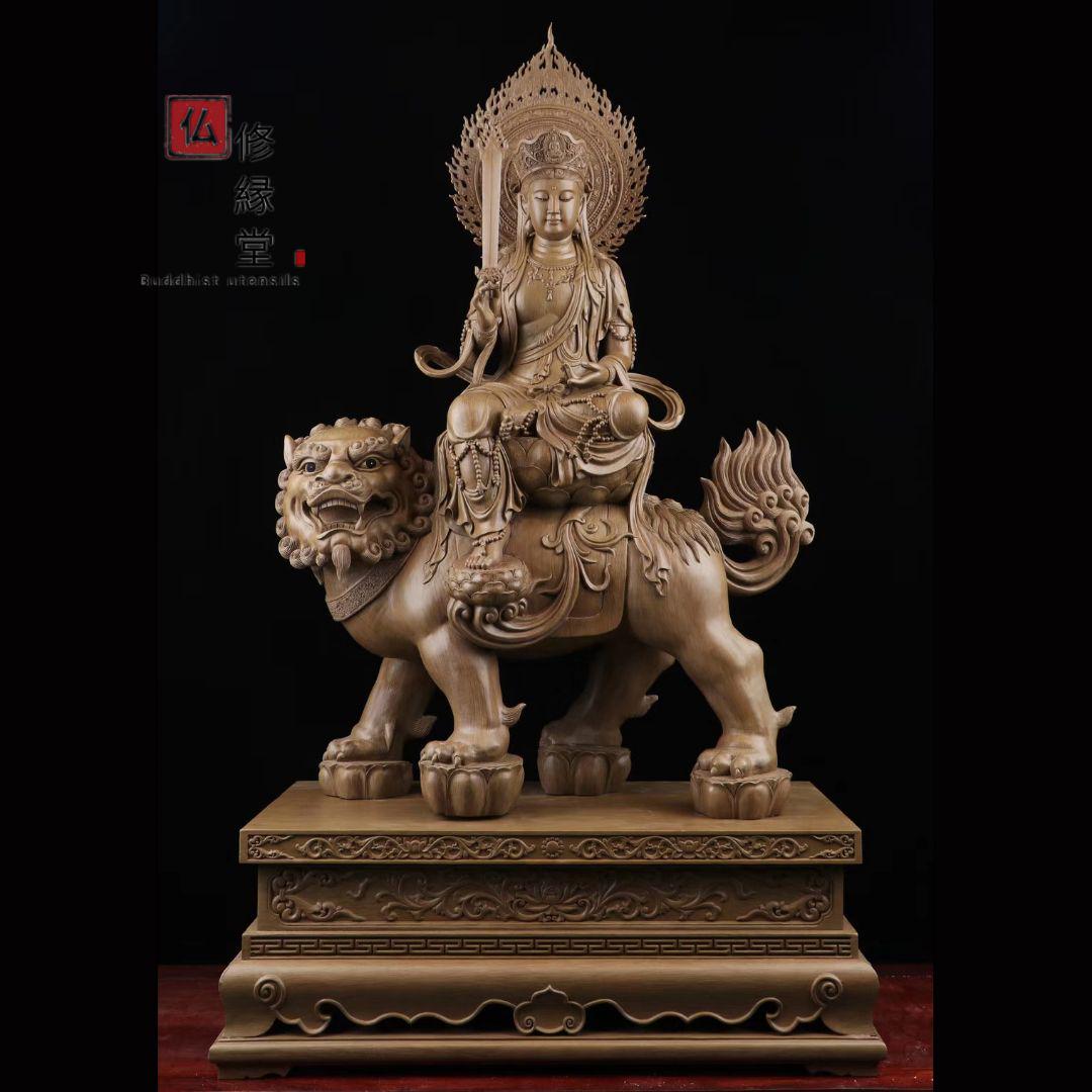 新作　特大高56cm 井波彫刻 一刀彫り　香樟材　文殊菩薩　普賢菩薩座像一式 新作 特大高56cm 井波彫刻 一刀彫り 香樟材 文殊菩薩 普賢菩薩