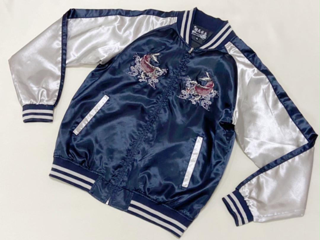 美品 鏡花水月 レーヨン サテン スカジャン ビッグサイズLL/XL 昇鯉 和柄 美品 鏡花水月 レーヨン サテン スカジャン ビッグサイズLL/XL 昇鯉 和柄