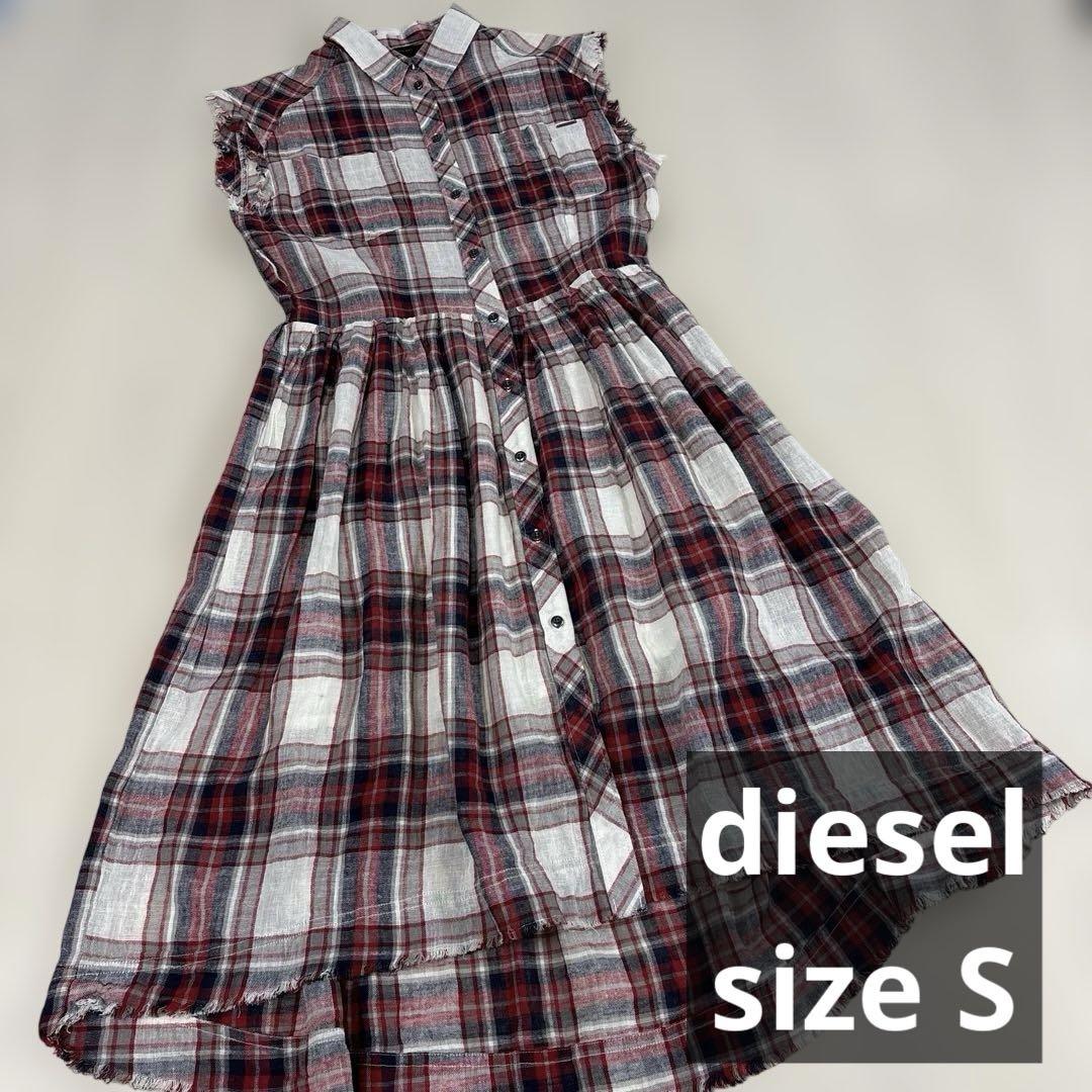 diesel ノースリーブ赤チェックシャツワンピース　フリンジ　フレア