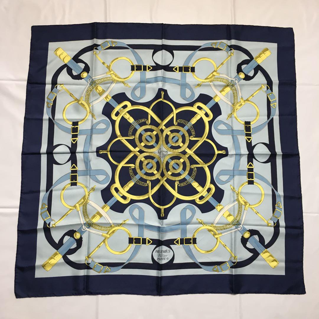 2506-85｜美品｜エルメス カレ 90 スカーフ シルク ネイビー