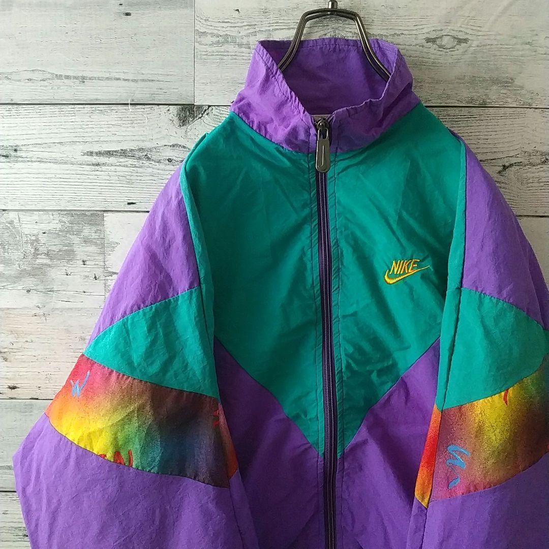 希少☆90s ナイキ 刺繍ロゴ マーブル マルチカラー ナイロンジャケット Mジャケット・アウター