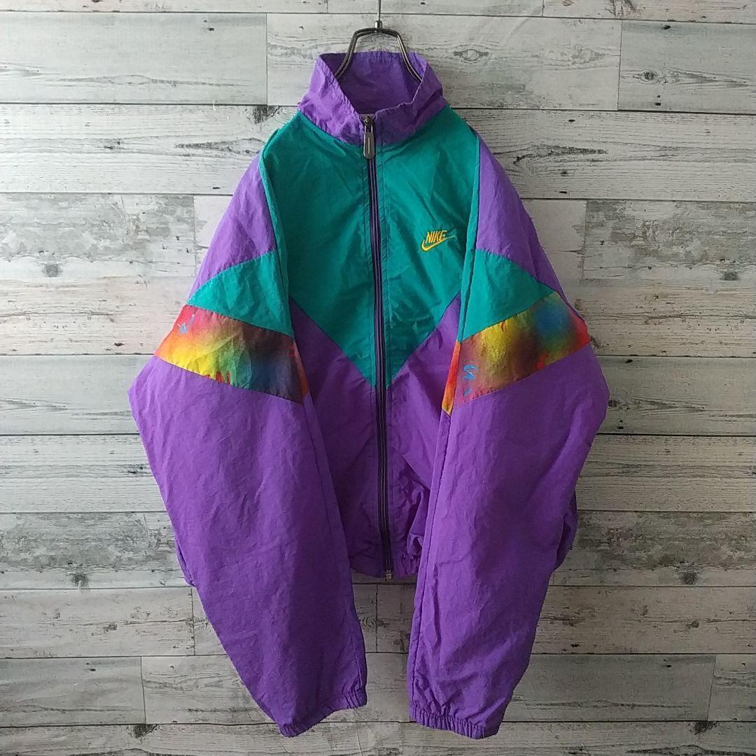 希少☆90s ナイキ 刺繍ロゴ マーブル マルチカラー ナイロンジャケット M