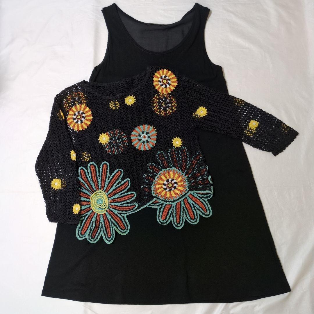 花柄刺繍レース編みニット ノースリーブ ワンピース チュニック