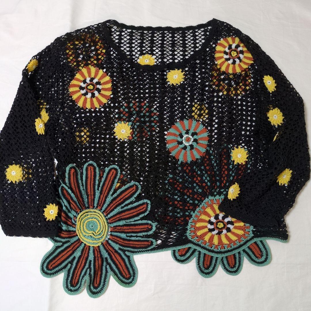花柄刺繍レース編みニット ノースリーブ ワンピース チュニック