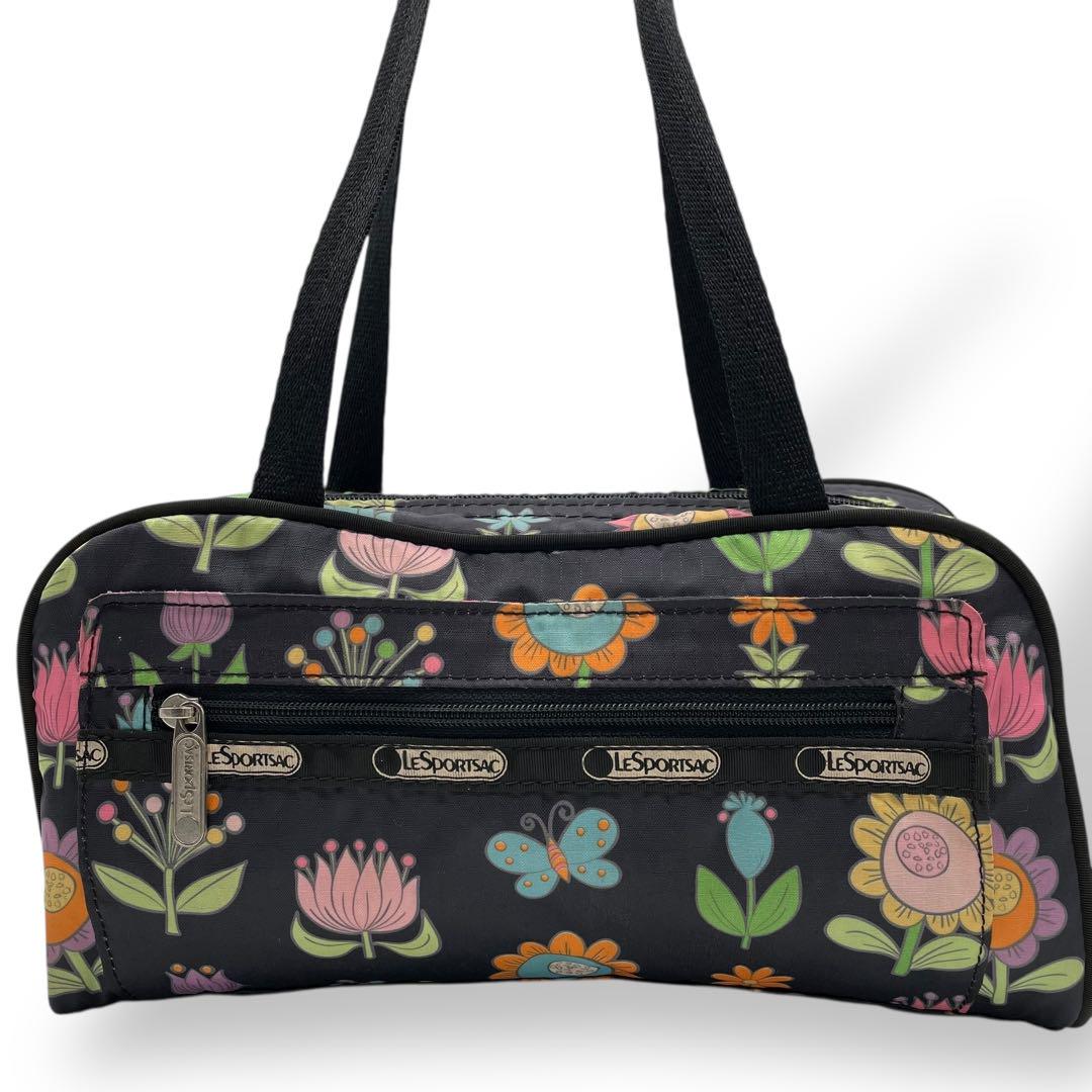 美品　LeSportsac　ミニボストンバッグ　ハンドバッグ　黒　花柄