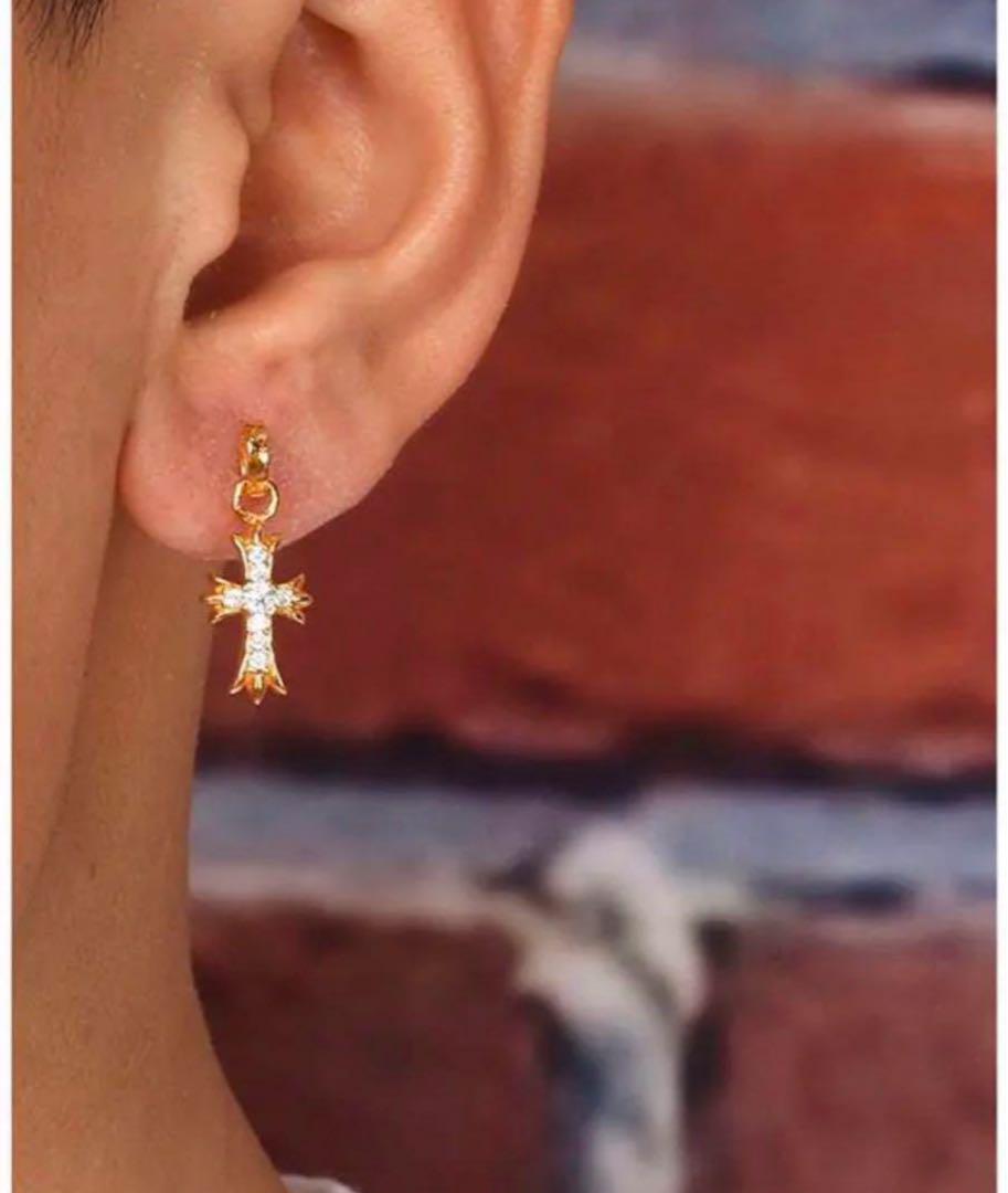 22K クロス ピアス 両耳 刻印あり ゴールド クロス パヴェ ピアス