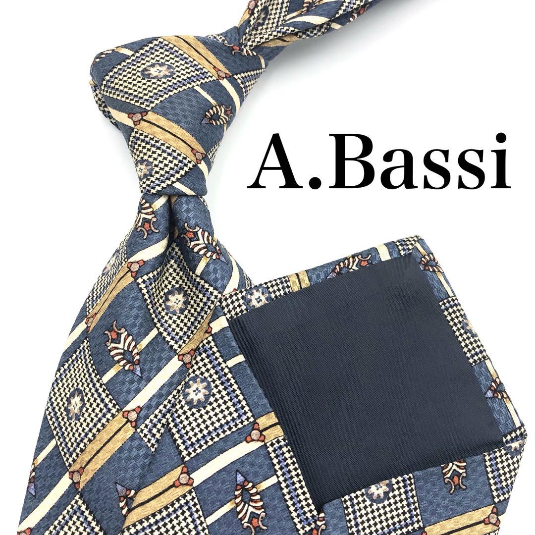 【美品】A.Bassi ネクタイ チェック柄 幾何学模様柄 透かし模様柄 ブルー