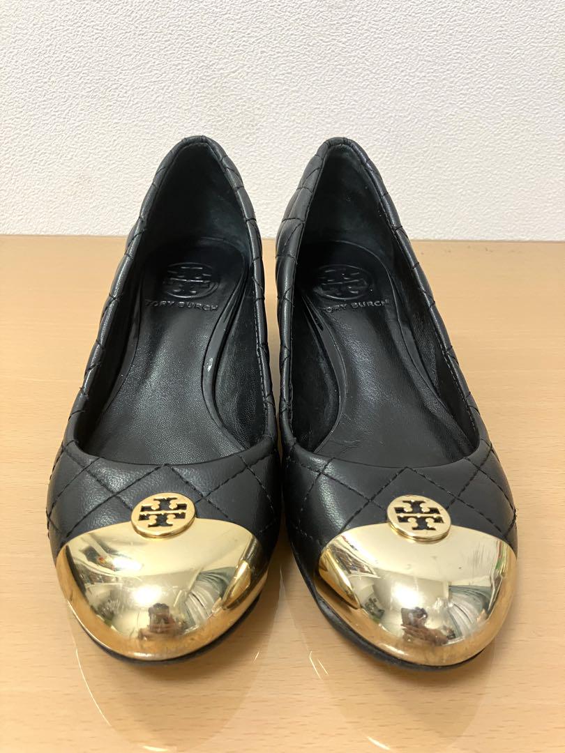 TORY BURCH パンプス ヒール 黒ゴールド レザー メタル キルティング