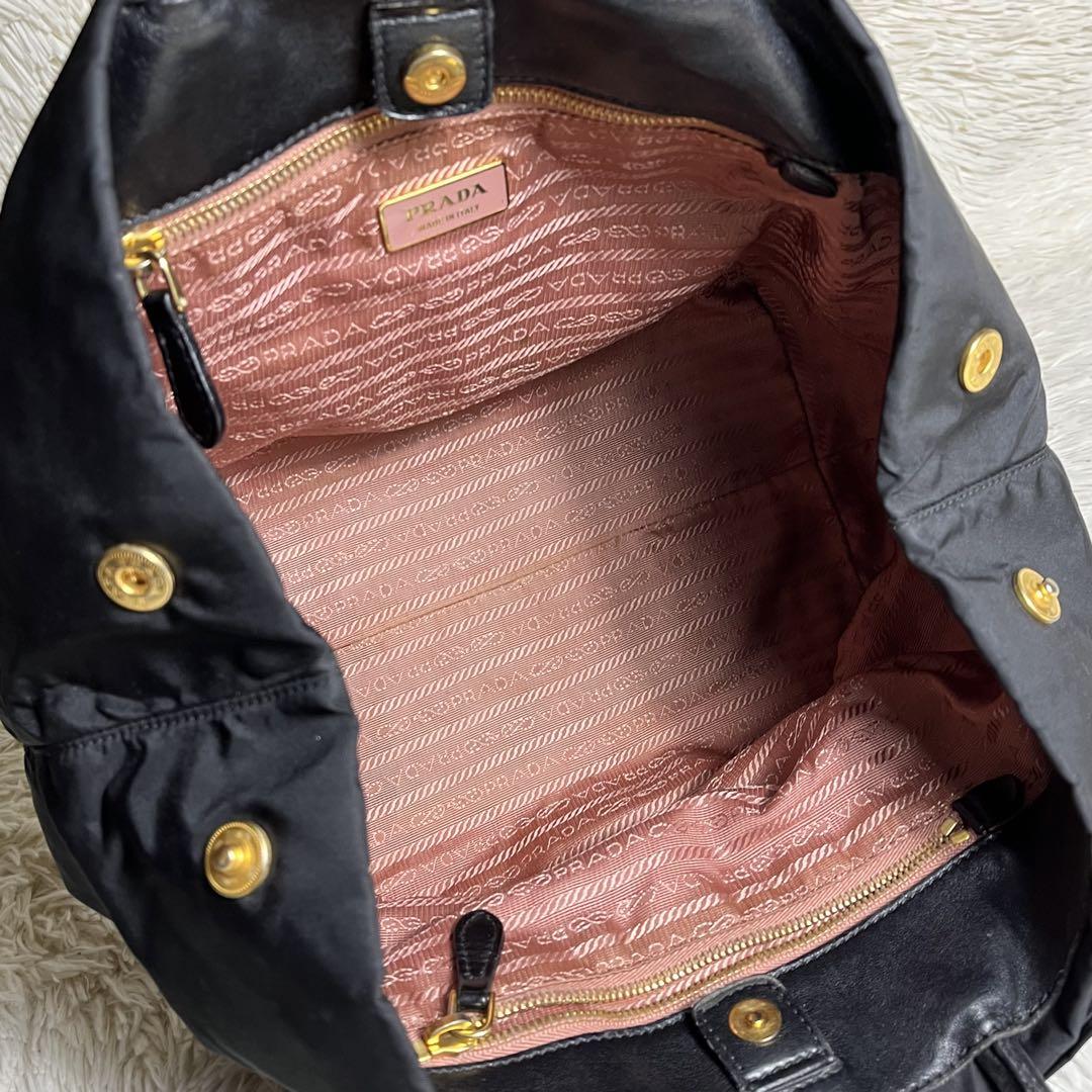 美品✨PRADA リボン ハンドバッグ ナイロン ブラック ロゴ金具